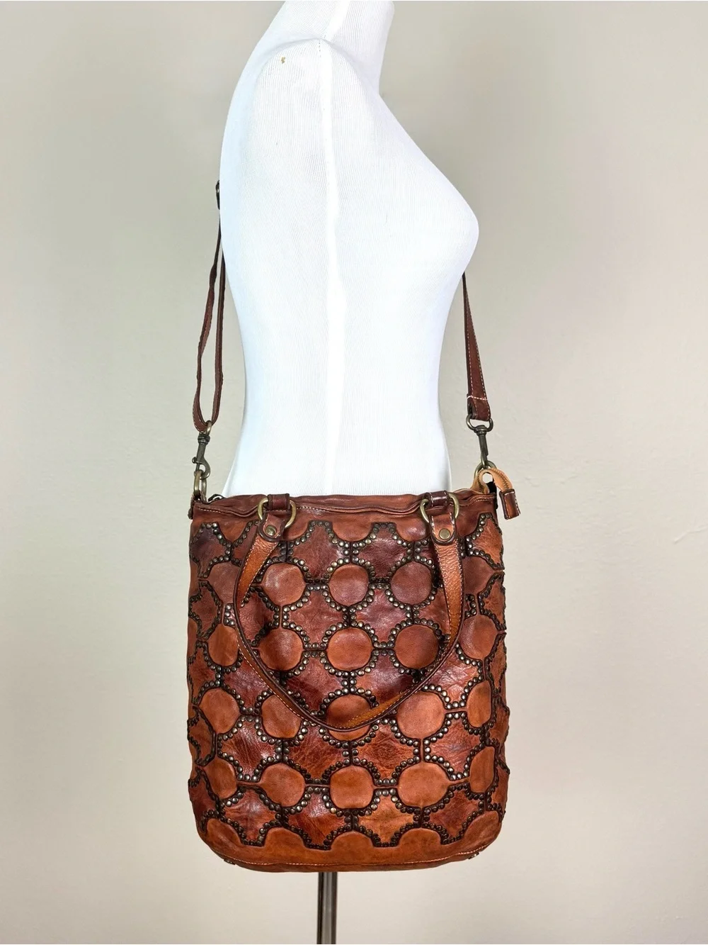 Sundance Rustic Boho Studded Brown Distressed Leather Shoulder or Crossbody Bag